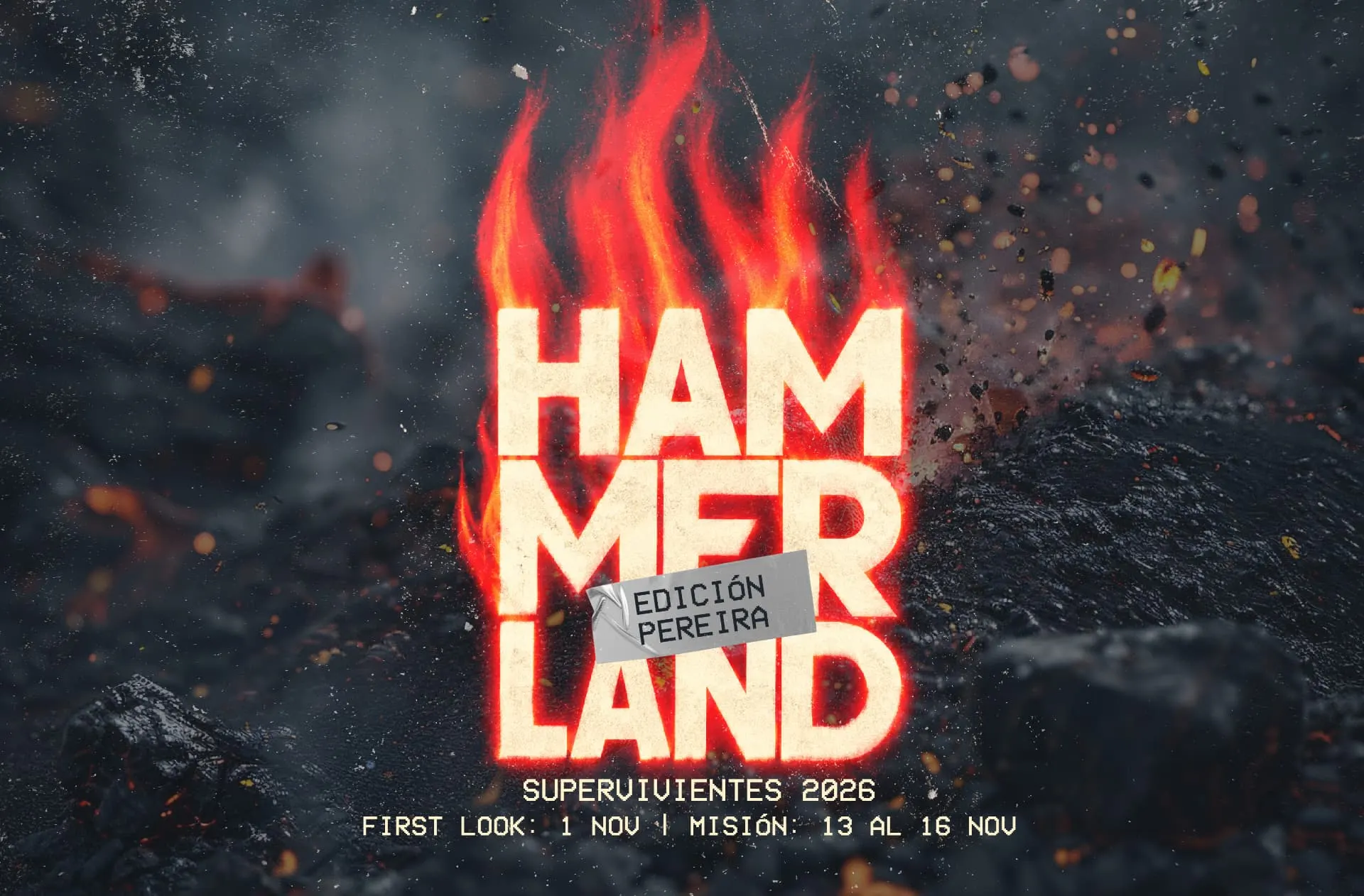 Logotipo oficial Hammerland Supervivientes 2026, Edición Pereira, entre fuego y rocas. First Look: 1 nov. Misión: 13 al 16 nov.